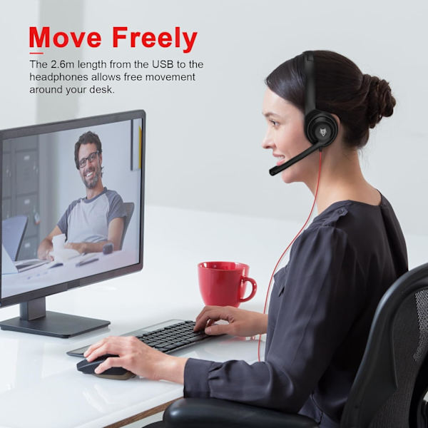 HW02 USB-hodetelefoner for datamaskin med klar chattemikrofon, lett hodetelefon med ørepropper for MS Teams, Skype, webinarer, kundesenter og mer (svart) Black