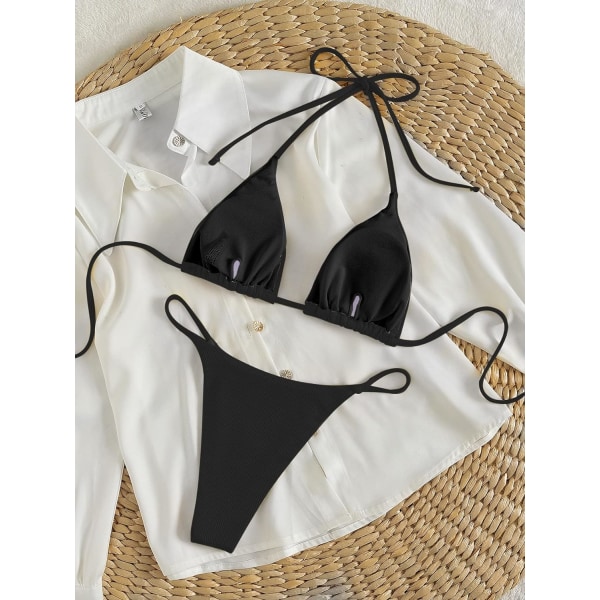 WJSM Dame Halterneck Binde Side Trekant Bikini Sæt Høj Skæring 2-delt Bikini Badetøj Ribbed Black L