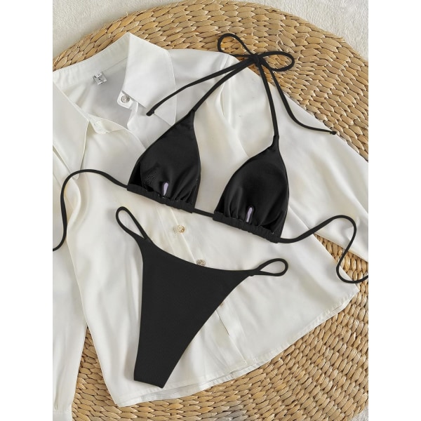 WJSMWomen's Halter Tie Side Triangle Bikini Set high Cut 2-delt Bikini Badedrakt Badedrakt Ribbed Black XL
