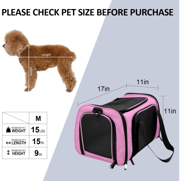 Kæledyrsholder til små mellemstore katte Hunde Hvalpe op til 15 pund, TSA Airline-godkendt, blødsidet, sammenklappelig rejse - Pink Pink L