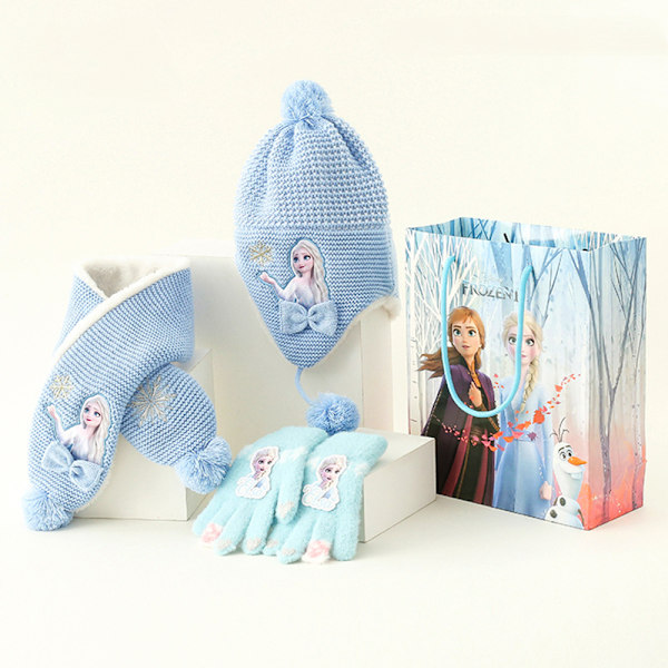 Frozen Vintermössa, Vantar och Halsduk för Flickor, 3-delars Set, Plysch Varm Utomhuskomfort Inkluderar Presentask, Överraskningsjulklappar och Födelsedagspresenter Blue A