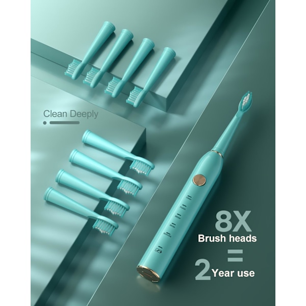 Sonic Elektrisk Tandbørste til Voksne med 8 Børster, IPX7 Vandafvisende Sonicare 38000VPM, Hurtig Opladning med Intelligent Tidspåmindelse 5 Valgfrie Tilstande Green