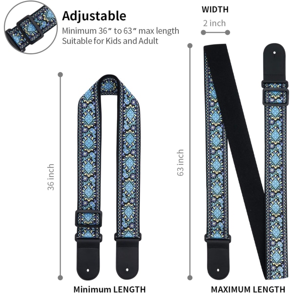 Gitarrrem Jacquardväv Gitarrrem med Läderändar - Mjuk Justerbar Akustisk Gitarrrem för Elektrisk Bas, Levereras med Remknapp, 1 Par