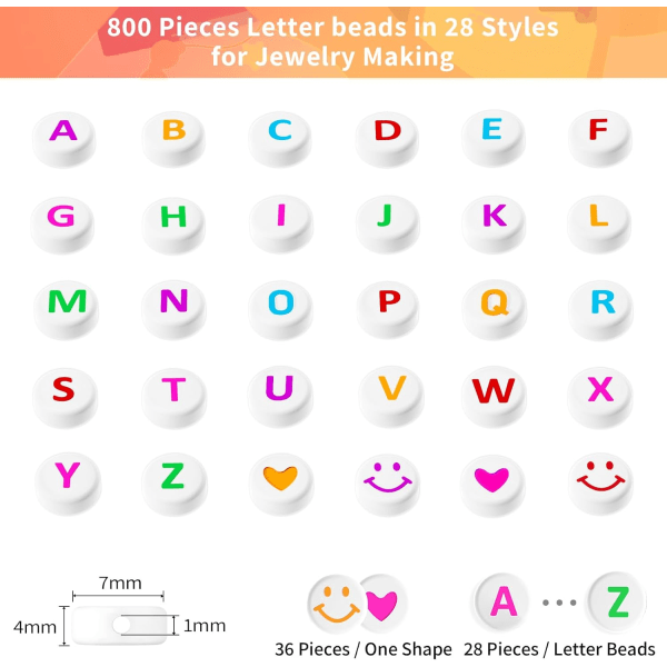 800 kpl kirjehelmiä ystävyysrannekoruille korujen valmistussarja, 28 tyyliä erilaisia ​​aakkoshelmiä värikkäitä preppy-helmiä teinityttöjen lahjoihin type D