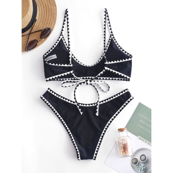 WJSM Kvinners Bralette Bikinisett med Snøring og Høy Utskæring, Todelt Badetøy 2-black S