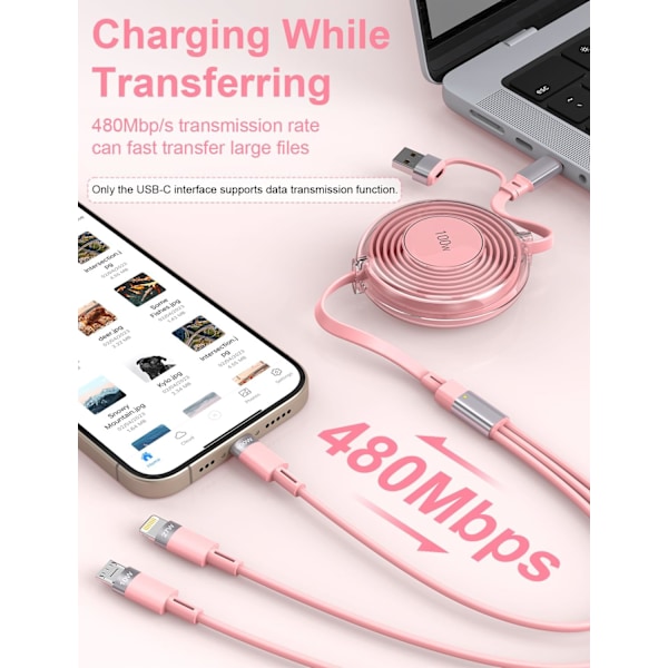 3-i-1 Multi-opladerkabel, Trækbart iPhone-oplader, 100W Hurtigopladning USB-C/A til Lightning/USB-C/Micro USB Telefonopladerkabel Pink