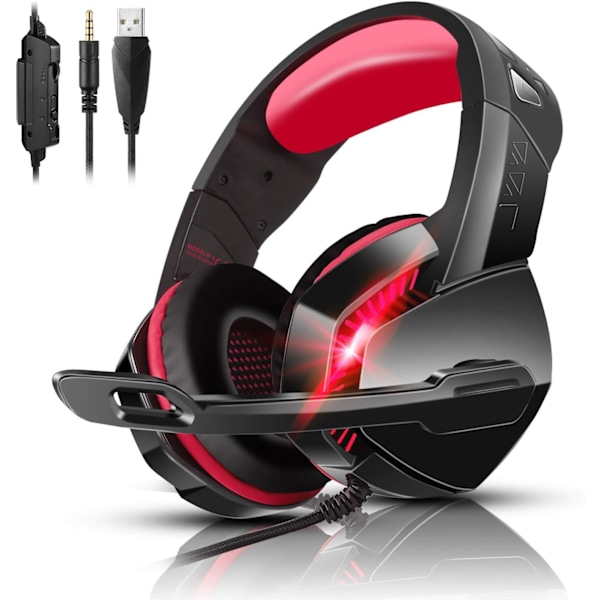 PS4 Gaming Headset med 7.1 Surround Sound, PC Headset med støjreducerende mikrofon & LED-lys, H3 Over Ear Høretelefoner til Nintendo Switch, PS5, Xbox On Black Red
