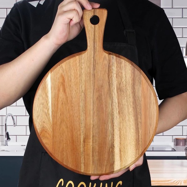 Acacia Wood Cutting Board with Handle Wooden Chopping Board Round Paddle Cutting Board for Meat Bread Serving Board Charcuterie Boards Chopping Block