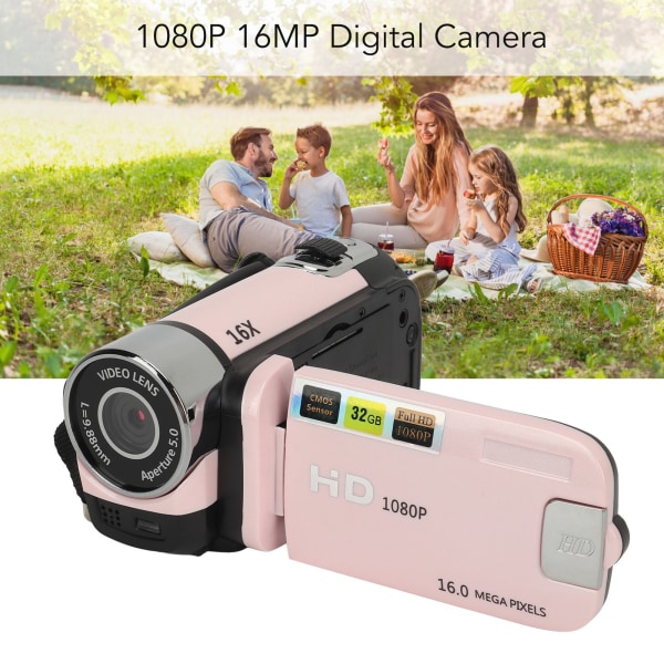 D90 1080P 16MP Digitalkamera 2,4 tum roterbar skärm Videokamera 16X zoom HD videobandspelare med fyllningsljus Pink