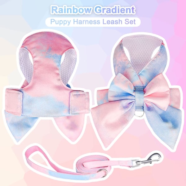 Suloinen rusetti koiran valjaat ja set Tyylikäs Rainbow Gradient -pentuvaljaat No Pull Pehmeä mesh Pet Cat koiran liivivaljaat pienille koirille kissoille, sininen Blue L