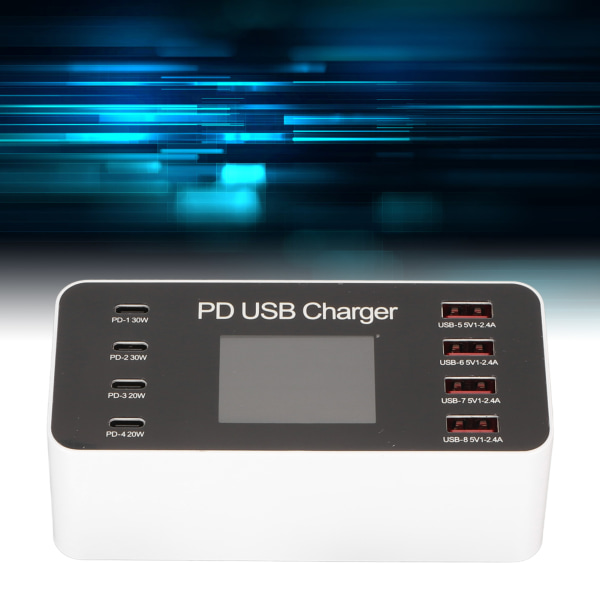 USB-ladestasjon 65W Hub 8 porter USB A USB C PD Rask Multi-lading Dock Kretsbeskyttelse 100‑240V for telefoner nettbrett EU-plugg