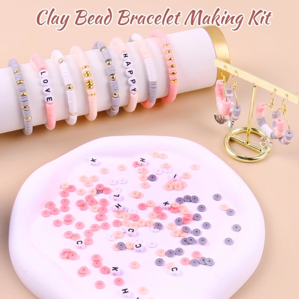 3500 st Rosa grå lerpärlor Kit för armbandstillverkning, Polymer Heishi-pärlor för smyckestillverkning, Friendship Armband Kit för flickor Vuxna, Spacer Let Pink&Gray