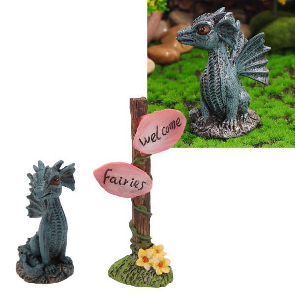 Miniatyr Dragon Guidepost Staty Set Syntetisk harts Fairy Staty Tillbehör för trädgård gräsmatta balkong