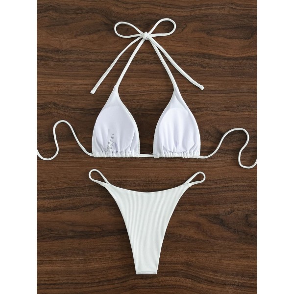 WJSM Dame Halterneck Tie Side Triangle Bikinisett Høy Skjæring 2 Delers Bikini Badetøy Ribbed White S