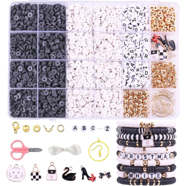 3500 STK Black White Clay Beads Kit for armbåndfremstilling, Polymer Heishi-perler for smykkefremstilling, Vennskapsarmbåndsett for jenter voksne, bokstav B Black&White
