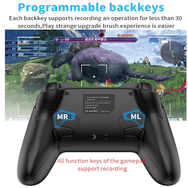 Bluetooth-controller til Switch/PC/Steam/Apple Arcade MFi-spil osv., Switch Pro-controller trådløs med justerbar dobbeltbevægelse, Turbo, Makroer, 6-akset White