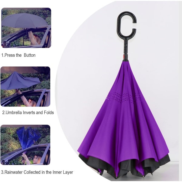 49 tommer omvendt omvendt op og ned paraply, ekstra stor dobbelt baldakin ventileret vindtæt vandtæt stavparaply med C-formet håndtag. Purple