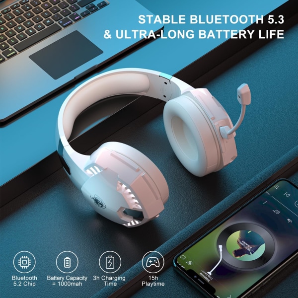 PS4 Gaming Headset til PS5, PC, Switch, G2000 Pro Bluetooth Wireless Over Ear-hovedtelefoner til telefon, bærbar, med aftagelig støjreducerende mikrofon, Ste White