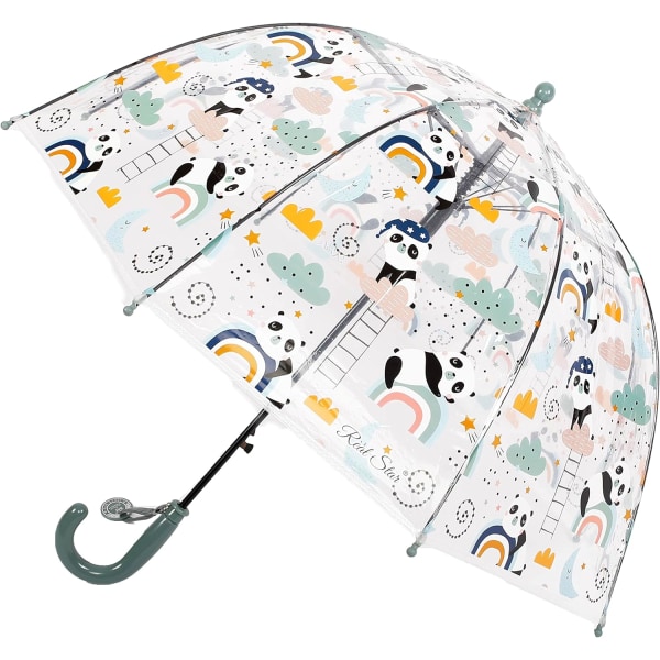 Lasten kirkas kuplasateenvarjo helposti otetulla kaarevalla kahvalla, turvallinen läpinäkyvä kupukuplasateenvarjo toddler tytöille Grey panda