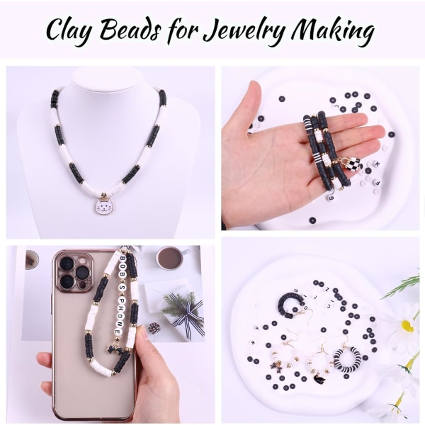 3500 STK Black White Clay Beads Kit for armbåndfremstilling, Polymer Heishi-perler for smykkefremstilling, Vennskapsarmbåndsett for jenter voksne, bokstav B Black&White