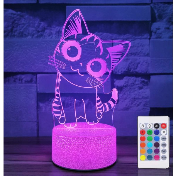 Katt nattlampa för flickor, 3D optisk illusionslampa 16 färger Dimbar Cat LED-lampa med fjärrkontroll och lysande bas, kattpresenter