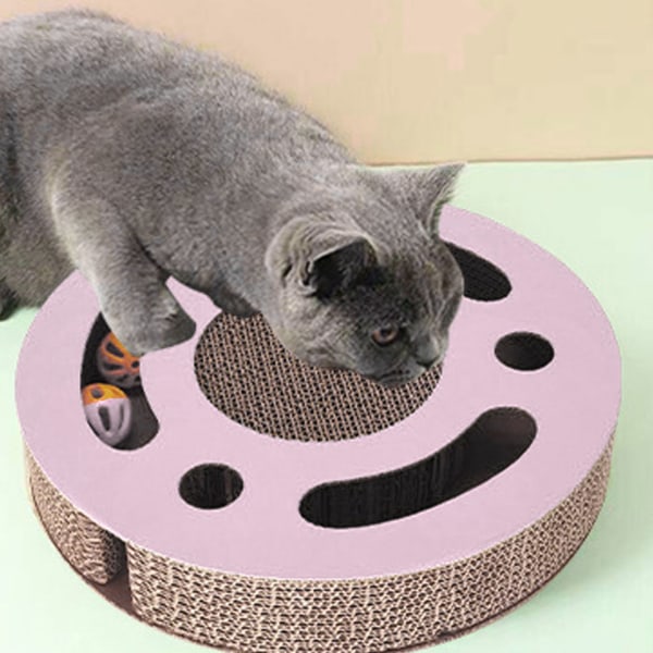 Cat Scratcher Pad-leksak 3 i 1 interaktiv förtjockad rund korrugerad kattunge-skrapleksak med klocka Pink