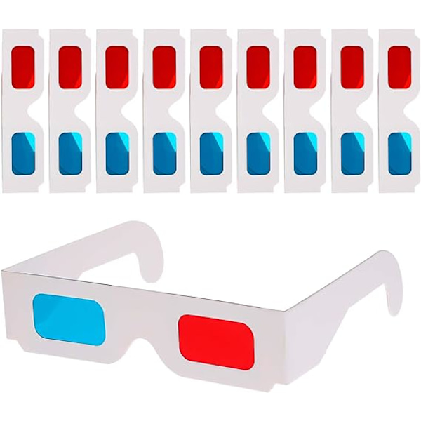 3D-pappersglasögon för filmer, filmglasögon, 3D-glasögon röda och cyan linser vita ramar anaglyf glasögon kartong för filmer, vikta i skyddshylsa 10 pcs