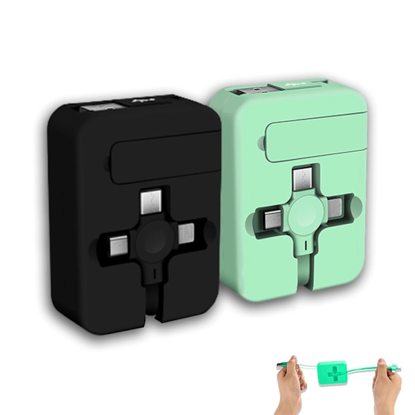 2-pack 3-i-1 Multi Retraktil Laddningskabel, 3-i-1 Laddningskabel Rulle, Multi Retraktil USB-Laddningskabel med Micro USB IP Typ C-kontakter Black+Green