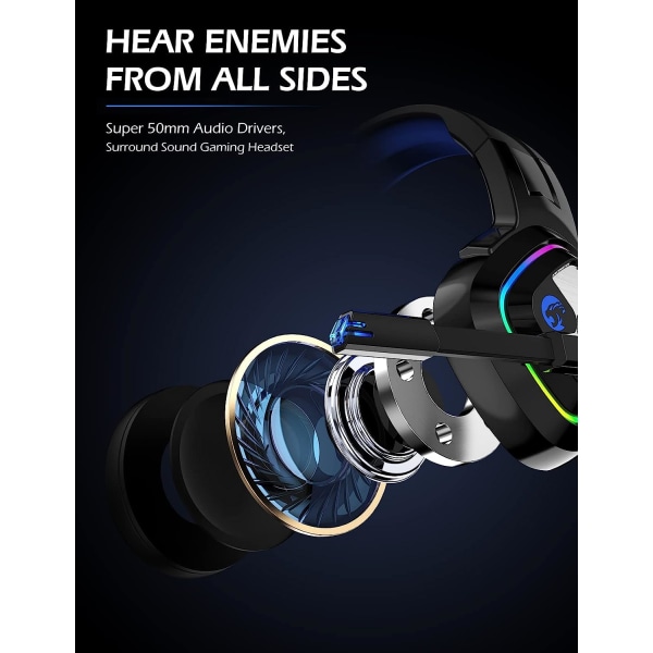 Gaming Headset PS4 Headset, Xbox One Headset med Noise Cancelling Mic og RGB Light, PC Headset med Stereo Surround Sound, Over-Ear hovedtelefoner til P