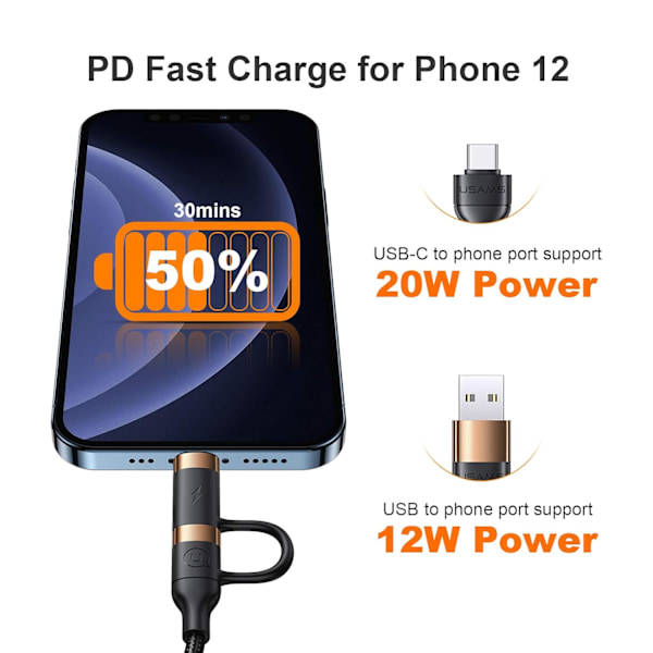 USB-C Multi Snabbladdningskabel PD 60W Nylonflätad Sladd 4-i-1 3A USB/C till Typ C/Telefon Snabb Synkroniseringsladdare Adapter 1,2 meter