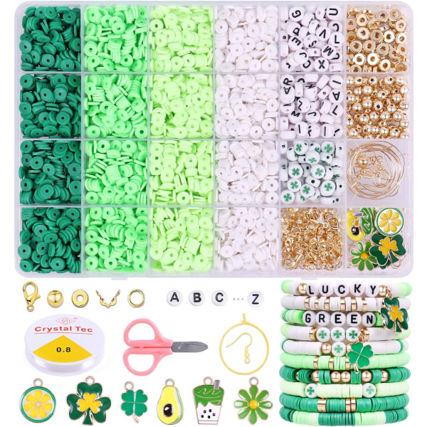 3500 ST Green Clay Beads Kit för armbandstillverkning, Polymer Heishi-pärlor för smyckestillverkning, Friendship Armband Kit för vuxna flickor, Spacer Letter Green