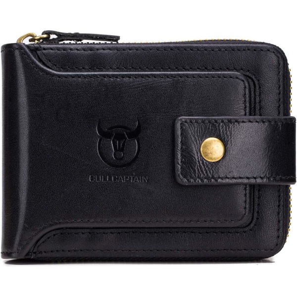 Ægte læder pung til mænd Stor kapacitet ID vindueskort etui med lynlås mønt lomme QB-231 (sort) Black
