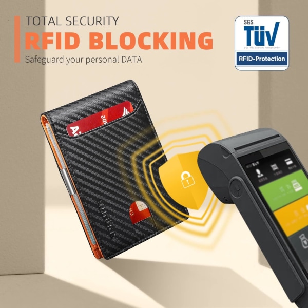 Slanke tegnebøger til mænd - Læderpengeclips Herrepung - RFID-blokerende frontlomme Bifold-pung - Minimalistisk kreditkortholder med gaveæske Carbon Black&Orange