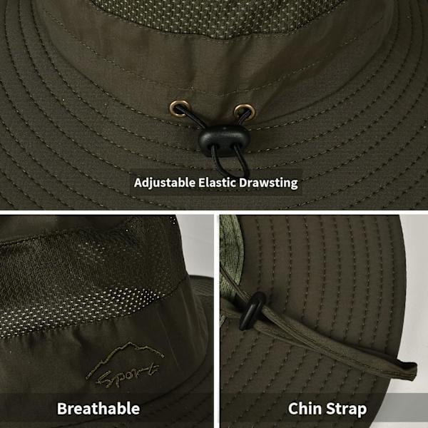 Solhattar för män och kvinnor Fiskehatt UPF 50+ Andningsbar bred brätte Sommar UV-skyddande hatt Army Green