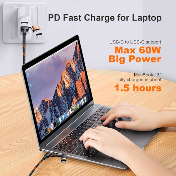 USB-C Multi Rask Ladingskabel PD 60W Nylonflettet Kabel 4-i-1 3A USB/C til Type C/Telefon Rask Synkronisering Laderadapter 1,2 meter