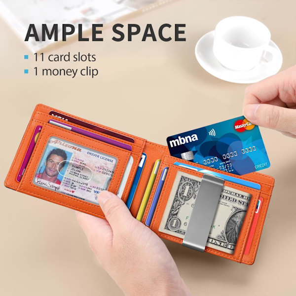 Smal Pengklämma Plånbok för Män RFID-Blockering 11 Kortplatser Minimalistisk Liten Läder Plånbok för Män Frontficka Presentask Carbon Black n Orange