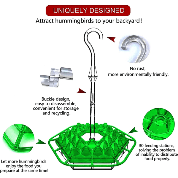 Kolibrifoder til udendørs ophængning, Mary's kolibrifoder med siddepind og indbygget myregrav med 30 foderporte, nem at rengøre, udendørs ophængning green