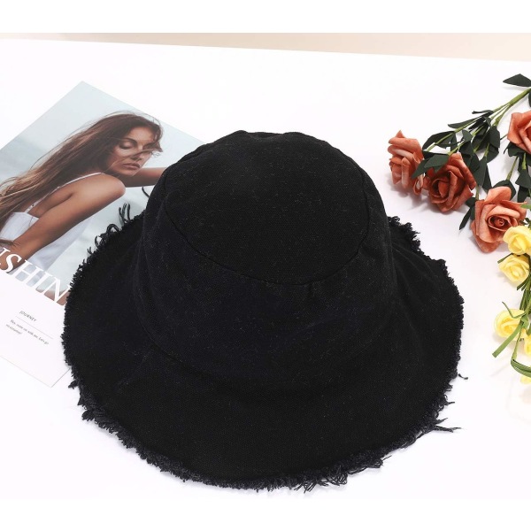 Solhatter for kvinner sommer casual bred brem bomull bøttehatt strandferie reisetilbehør Black