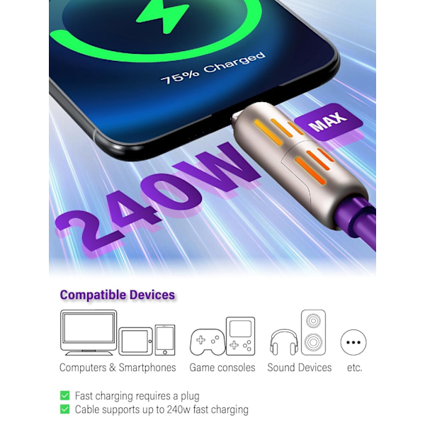240W 4-i-1 USB-C-kabel, Multiladerkabel med pustelys, PD 5A Multi Rask lading & Datasynkronisering Silikon Kompatibel for iPhone Samsung Bærbar PC Purple 1.5m