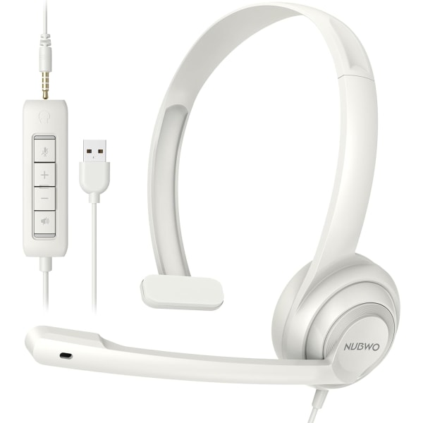 HW02 USB-headset med mikrofon, støydemping og innebygd kontroll, superlett, ultrakomfortabelt datamaskinheadset for bærbar PC, kablet kontorheadset for øret White