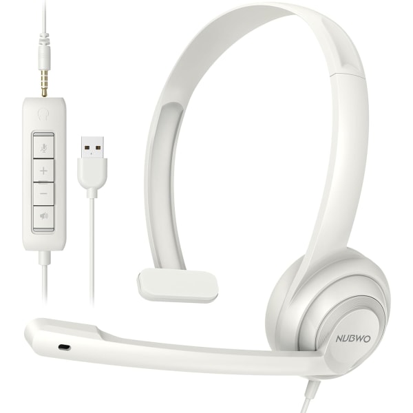 HW02 USB kuulokemikrofonin melunvaimennus ja in-line-ohjaus, Super Light, Ultra Comfort -tietokonekuulokkeet kannettavalle tietokoneelle, on-ear langallinen Office Ca White