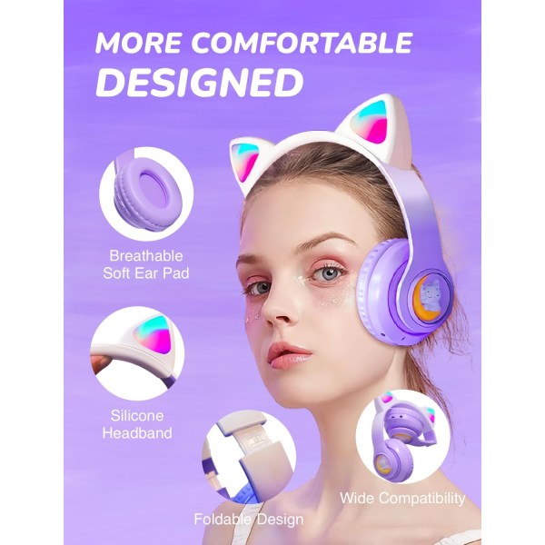 Cat Ear Bluetooth-hodetelefoner, trådløse hodetelefoner for barn med mikrofon, sammenleggbare LED-lys opp over-øre-hodetelefoner Volum begrenset 85dB jentehodetelefoner