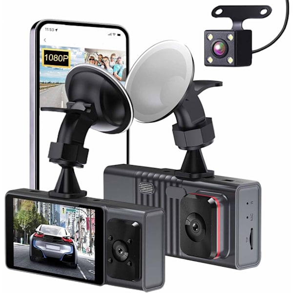 Dashcam - Fram och baksida Inuti 1080P Dashkamera för Bilar, 3-kanals Dashcam Trevägs Bilkamera med Infraröd Nattsyn, Loopinspelning, APP C