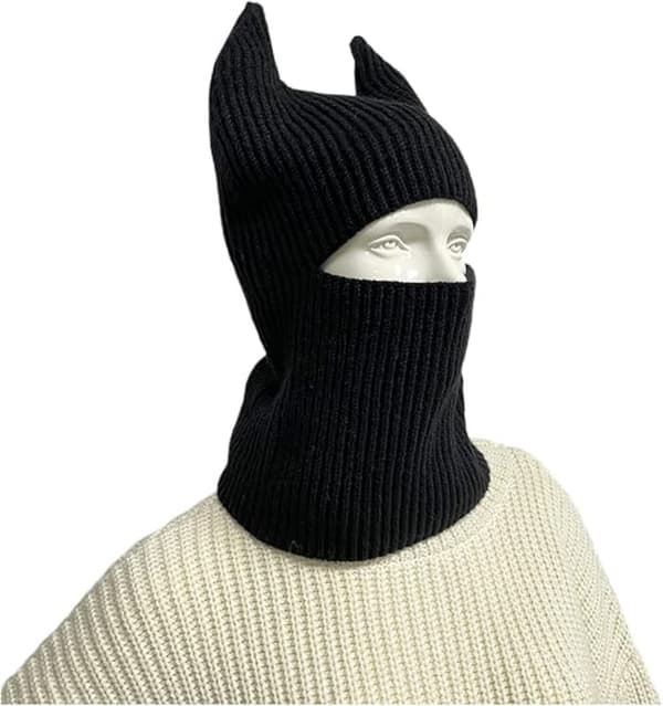 Gothic Bat Ear Stickad Balaclava - Varm Heltäckande Mössa, Vinteraccessoar för Utomhusbruk Black