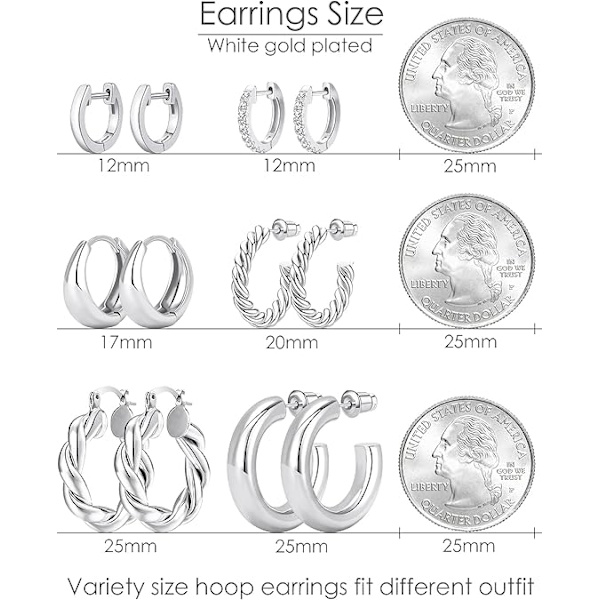 5 st Sliver Hoop Örhängen Set för Kvinnor Sliverpläterade Chunky Hoops Twisted Huggie Hoop Örhängen för Present Lättviktiga