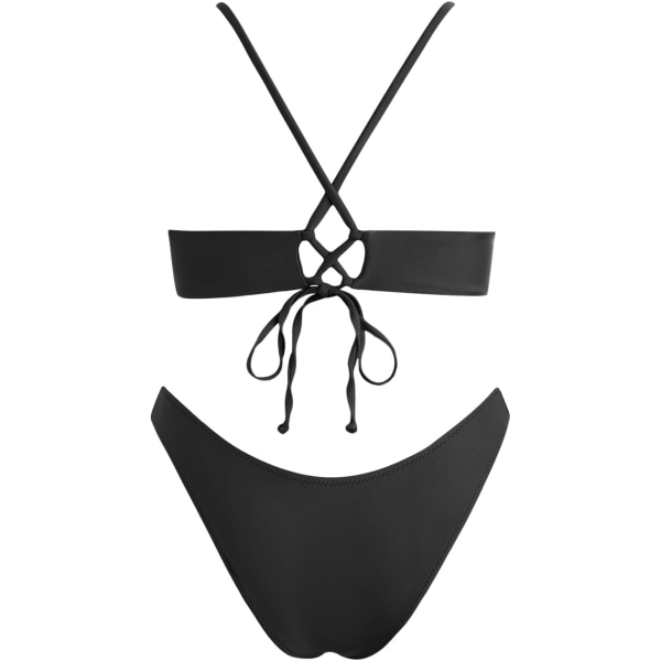 WJSM Kvinnors Triangelbikini Smocked Texturerad Scoop Frilled Tryckt Rynkad Elastisk Baddräkt Tvådelad Baddräkt Black L