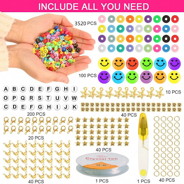 Armbåndssett med 28 rutenett leireperler, bokstaver, smilende ansiktsskall DIY håndlaget armbånd halskjede smykker, bokstavperler for armbånd og smykkeproduksjon