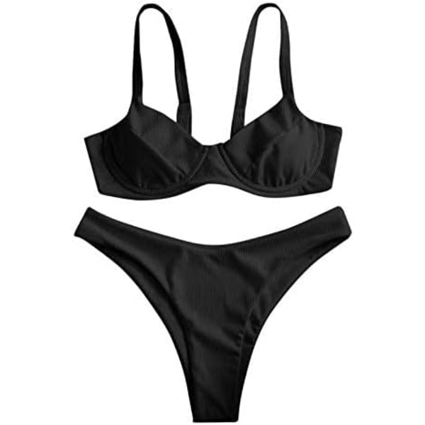 WJSM Ribbet bøylebikini for kvinner med høy snitt V-hakk smockbadetøy med trykt badedrakt med høye ben Black XL