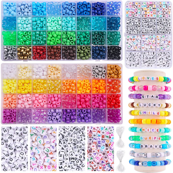 2350 kpl, 64 väriä, ponirannekkeita ja kaulakoruja varten, sateenkaaren askarteluhelmet ja joustavat narut, kirjainhelmisetti tytöille 64 colors