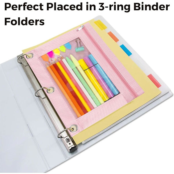 Blyantpose 3 Ring, Lynlås Blyantposer Etui Binder Kosmetikpung Sort 2 Pak 2Pink